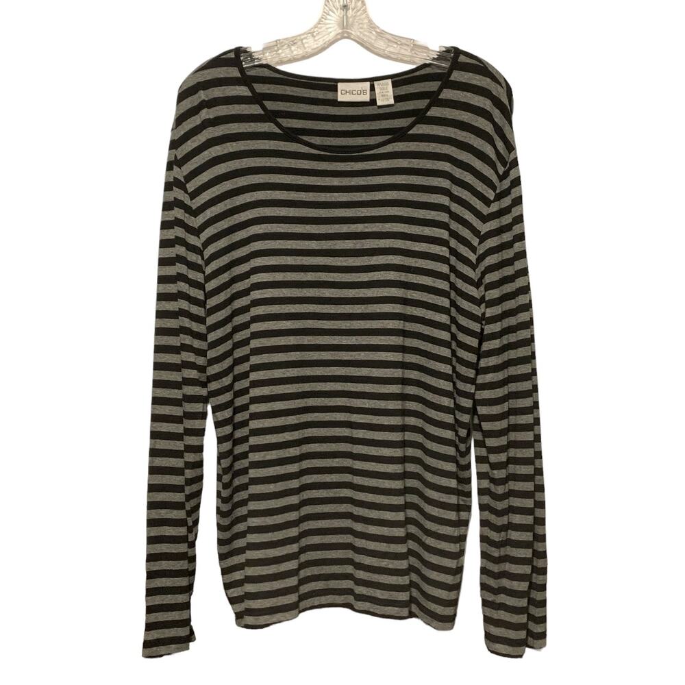CHICO'S Top Size 3 Long Sleeves Stretchy Striped Black Gray Women's US Sz L / 16